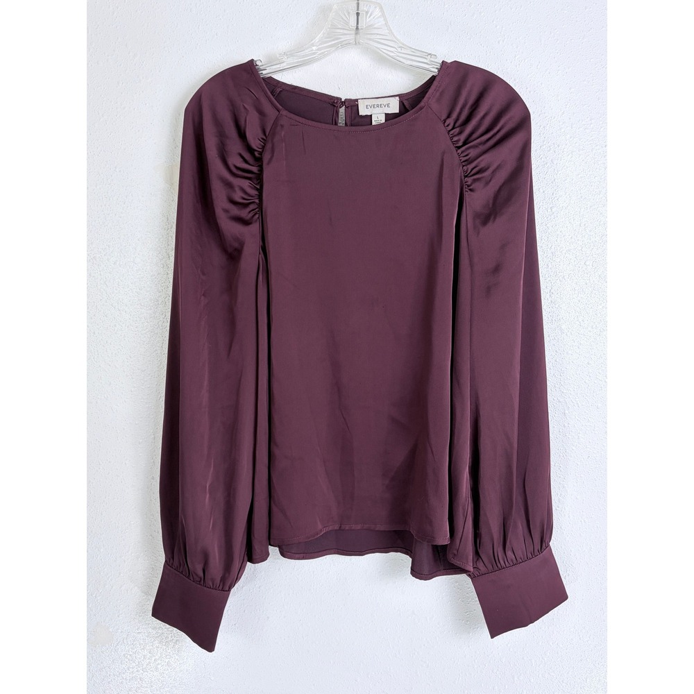 EVEREVE Purple Silky Long Sleeve Gathered Shoulder Blouse Large Workwear Office